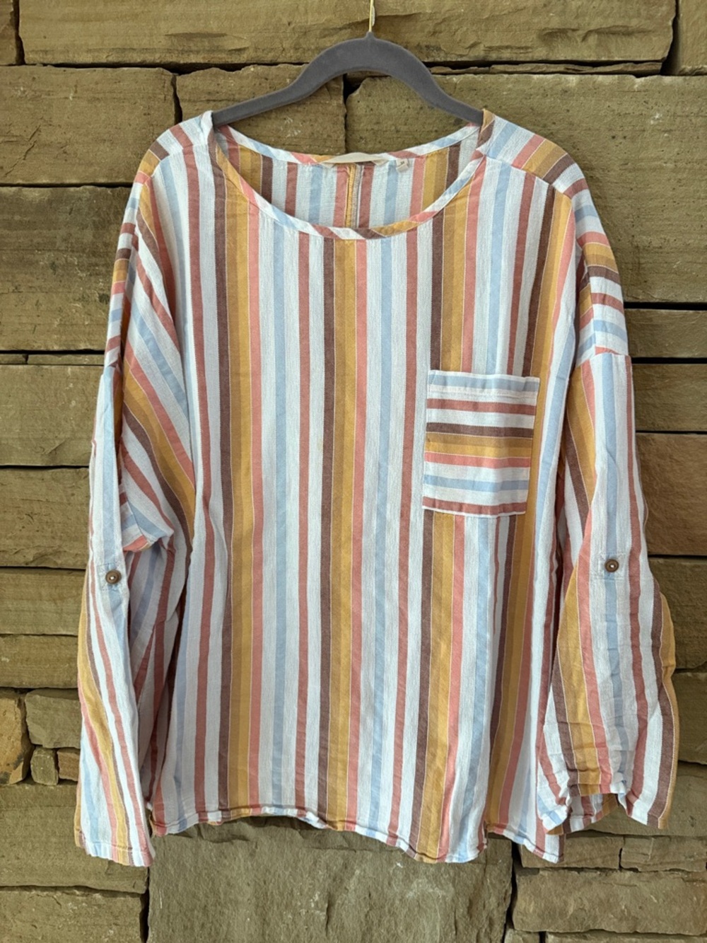 Soft Surroundings Striped Long Sleeve Top in White, Mustard & Rust & Soft Blue